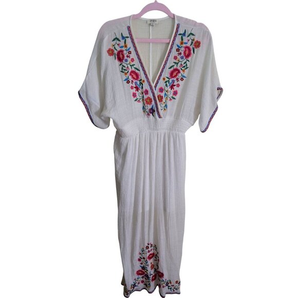 Umgee White Floral Embroidered Smocked Waist Midi Dress Slit Side Size M - Picture 2 of 9